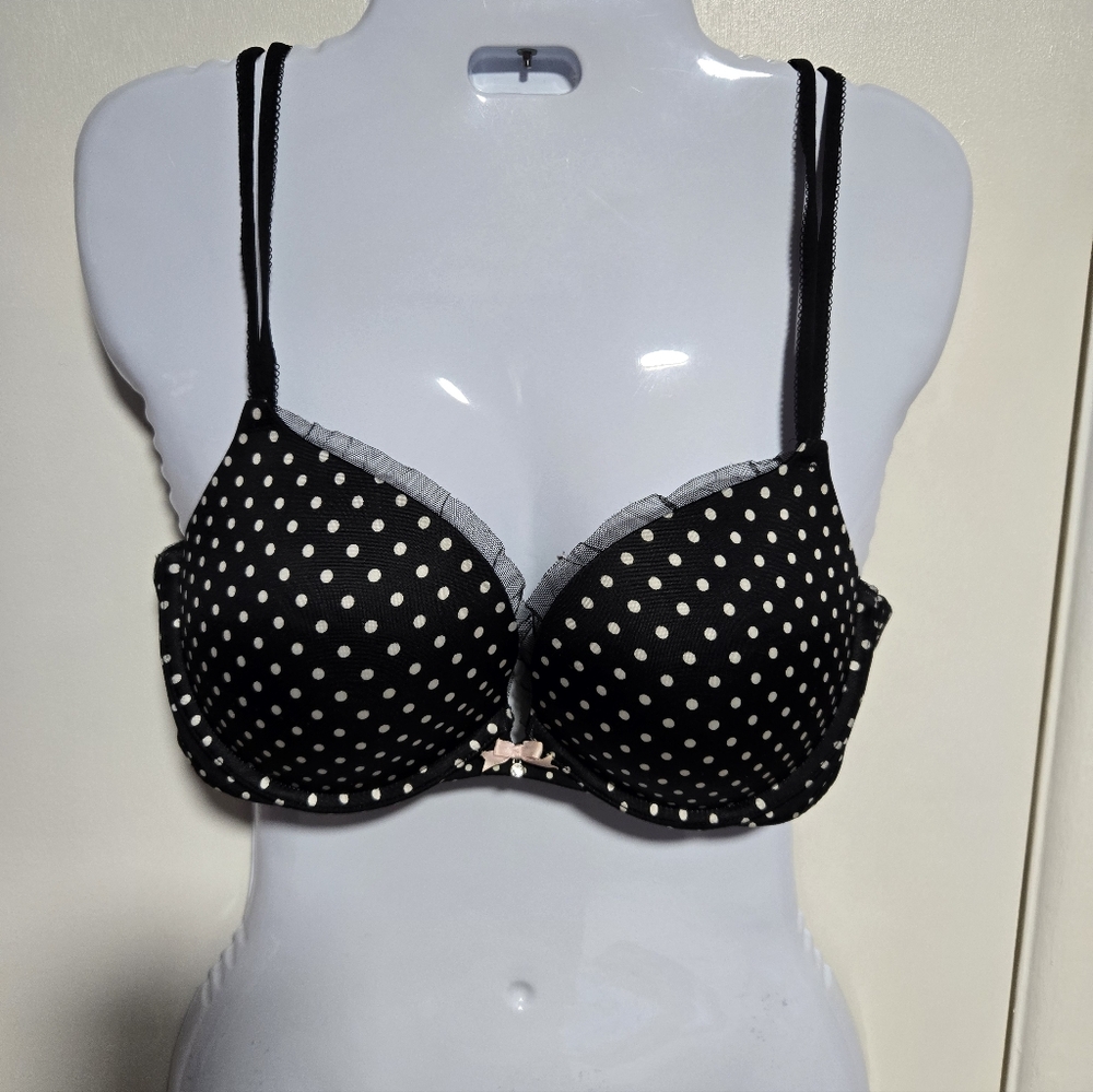 Victoria's Secret Black and White Polka Dot Bra, faux diamond, lace.